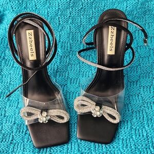 NIB Zzheels Blk Double Bowknots Crystal Clear Slingback Heels Square Toe Size8.5